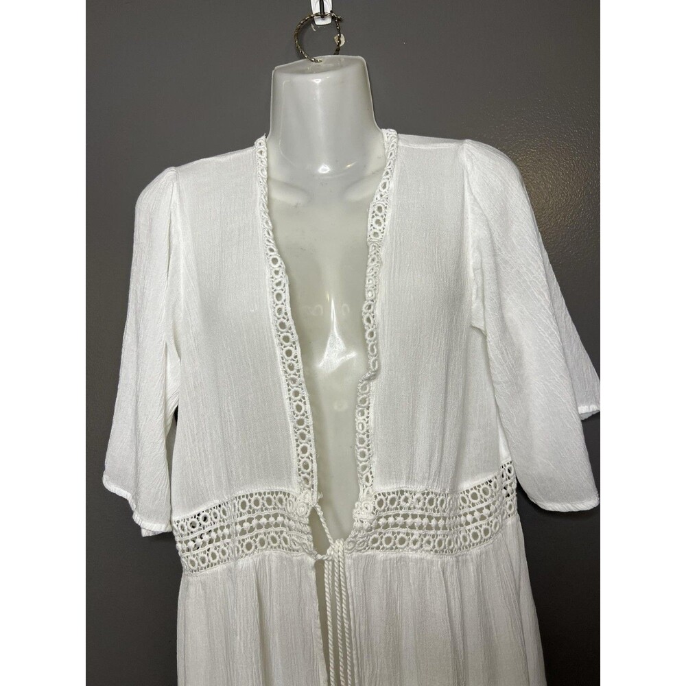Cute Options Cover Up Womens Small White Crochet Lace Tassel Kimono Duster Boho